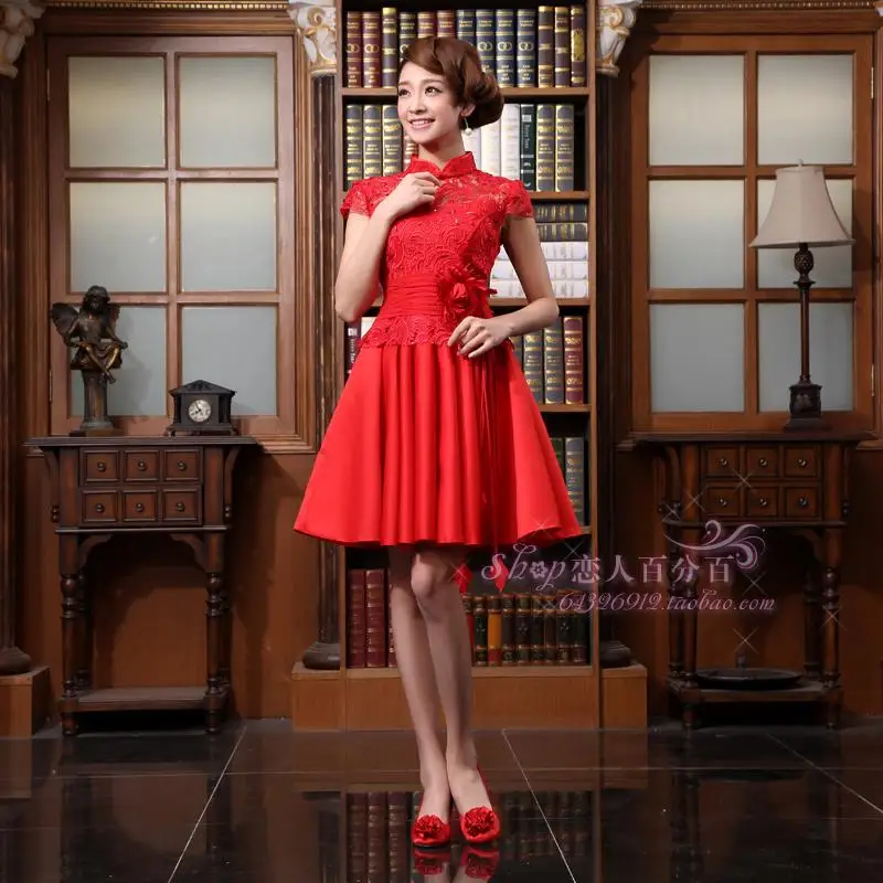 Бесплатная доставка, вечерние платья cheongsam с цветочным рисунком, новинка 2015, Модные Винтажные Красные кружевные короткие платья подружки