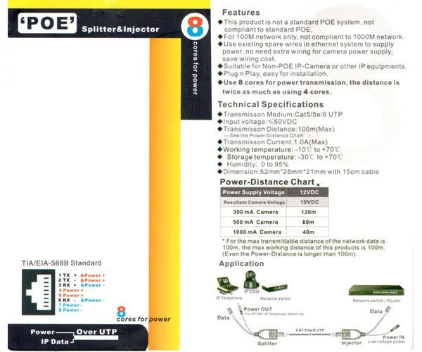 IP камера инжектор 8 ядер POE сплиттер для системы безопасности 1 пара