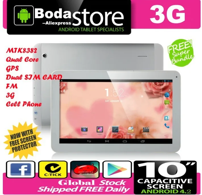 Бесплатная доставка BODA серебро Android 4.4 2 г/3G сотовый телефон GPS MTK8382 4 ядра 10.1 дюймов IPS Экран WCDMA 8 ГБ Bluetooth