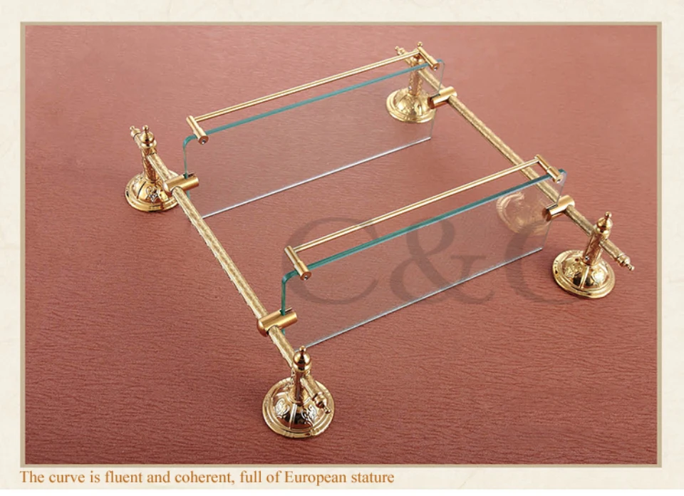 Благородный и элегантный твердой латуни и Стекло позолота Ванная комната двойной Полотенца стойку держатель 1214