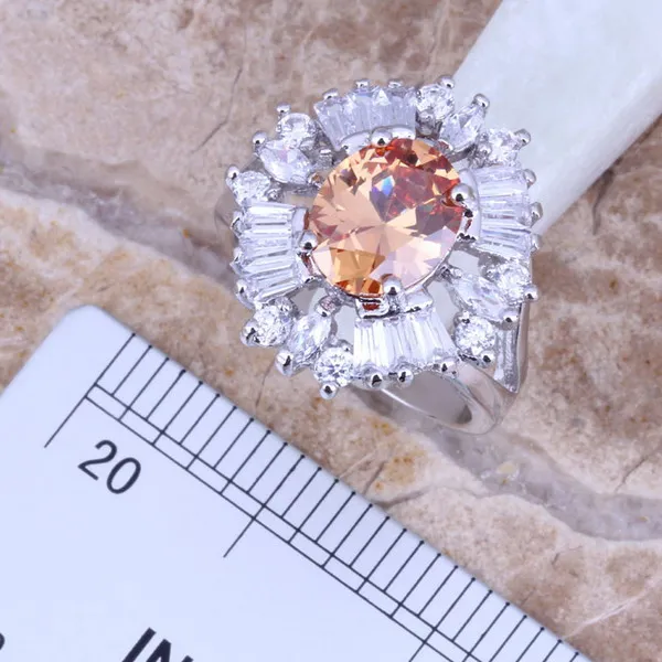 Шампанское Morganite Белый CZ Серебряные комплекты ювелирных изделий Серьги кулон кольцо для Для женщин Размеры 5.5/8/9 S0031
