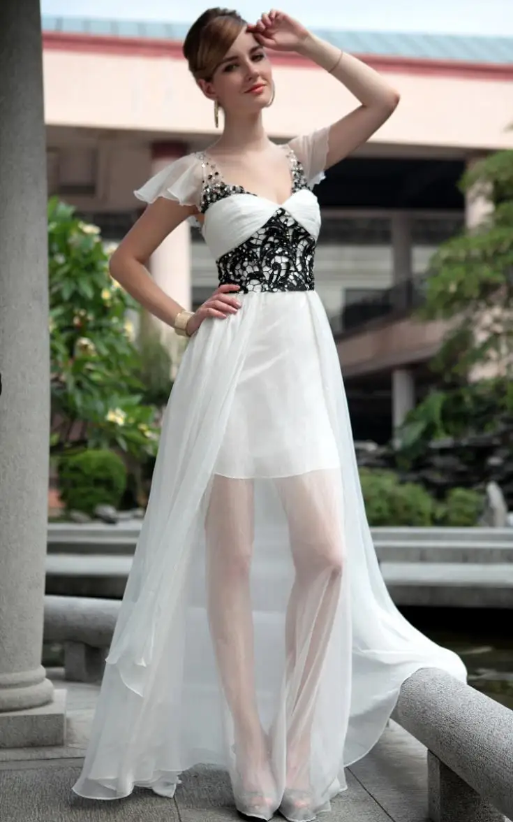 Белый шифон кружева cap рукавом vestidos formales сексуальные платья макси длинные платья партии Выпускные Платья