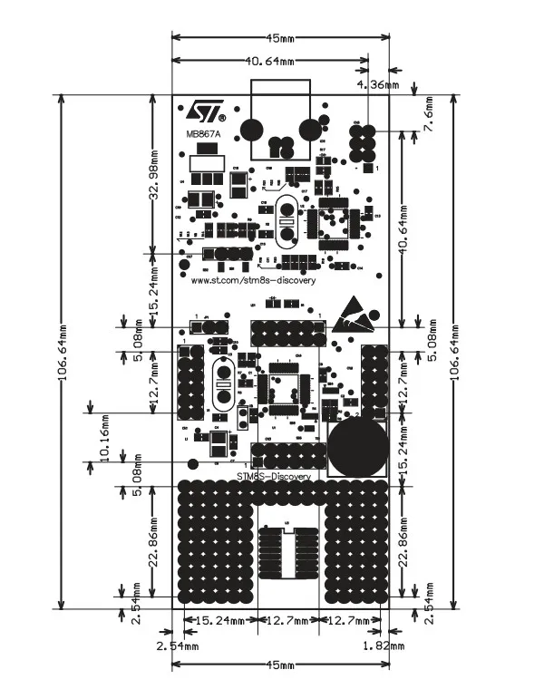 STM8S-DISCOVERY board dimensions