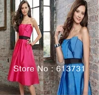 Hot sale Free Shipping Wholesale Strapless Knee Length Custom-made Taffeta Short Bridesmaid Dress Fushcia Blue B01343