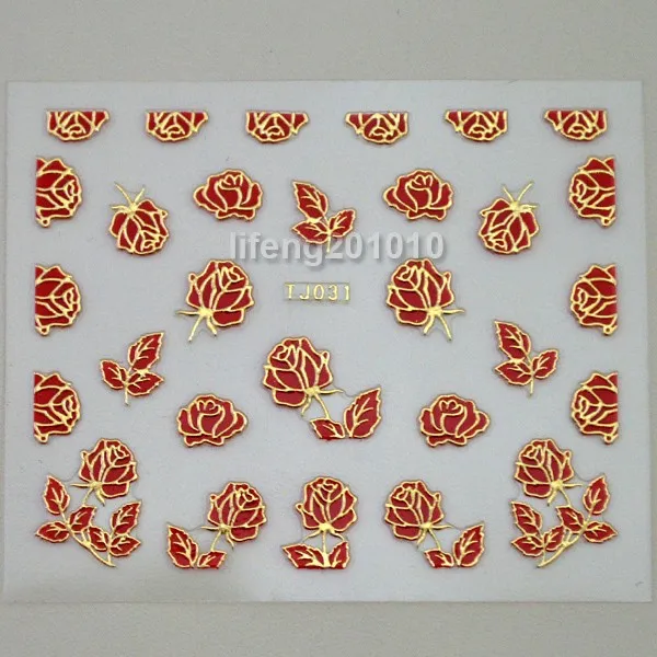 2 шт./лот, тиснение, Позолоченные Красные розы, цветы, стикеры 3D на ногти Nail Art, наклейка, украшение для мобильного телефона, RTJ031, розничная посылка