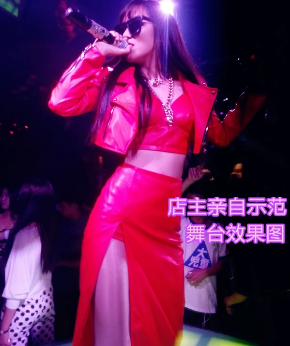 Горячие DJ атмосферные костюмы певица 2ne1 CL Licai Ling Inkigayo большие красные кожаные костюмы настраиваемые/S-L/