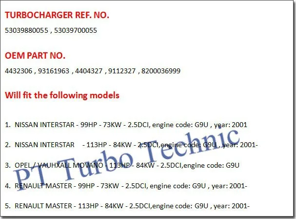 Точность Turbo КЗПЧ K03 53039700055 Turbo картридж КЗПЧ для Renault Master II 2.5 DCI