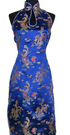 Шанхай история Темно-синие китайский Для женщин длинный атласный Qipao Холтер чонг-sam спинки костюм платье Размеры S M L XL XXL, XXXL j3400