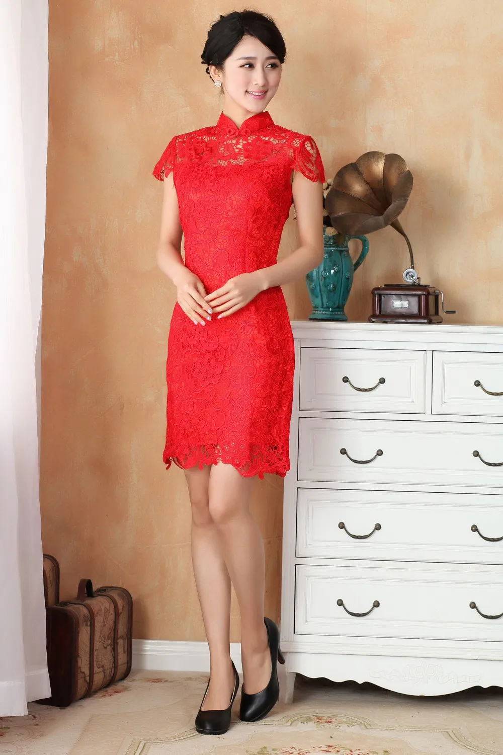 Шанхай история cheongsam для продажи вечернее платье в традиционном китайском стиле сексуальное кружевное платье Летнее красное короткое платье 2365-3