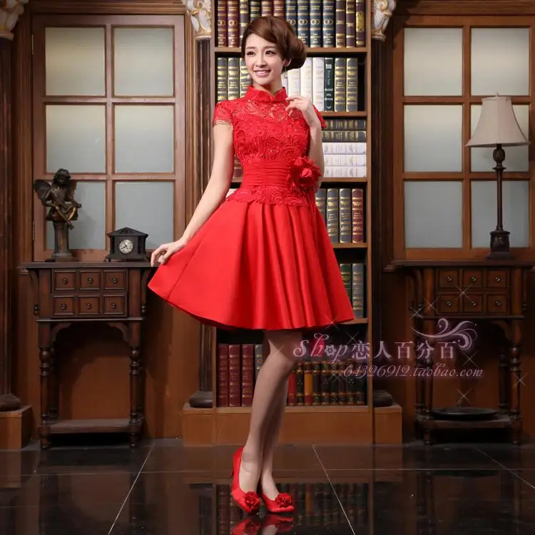 Бесплатная доставка, вечерние платья cheongsam с цветочным рисунком, новинка 2015, Модные Винтажные Красные кружевные короткие платья подружки