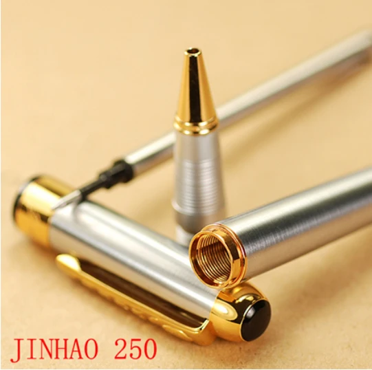Горячая-JINHAO 250 Серебряный металлический круглый РОЛИК ручка с Золотая стрелка клип офисные Канцелярские Шариковые ручки подарок