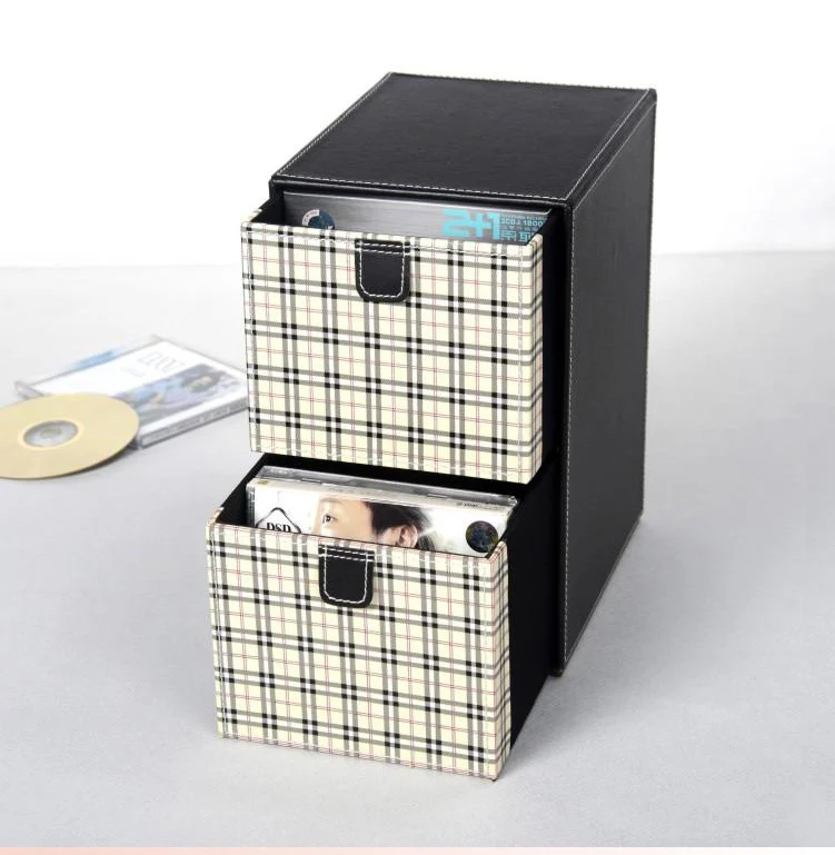 Дома 2 уровня 2 ящика кожаный пенал файлы для CD/DVD ящик для посуды для хранения Чехол Органайзер держатель черного цвета+ белые клетчатые 227C