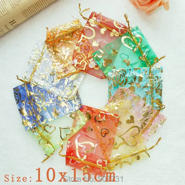 100 случайный разноцветный бронзированный узор Organza органза свадебные подарочные сумки и мешки, упаковка ювелирных изделий 10x15 см