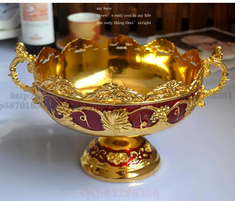 19,5 см круглый золотой красный цветочный тисненый резной сплав металла фруктоза Чаша лоток для хранения с пьедестал 207B