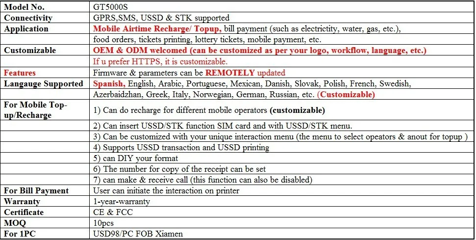 Принтер для чеков/Ресторан принтер для чеков GT5000S за счет оплаты