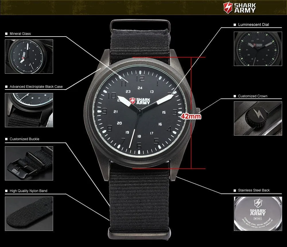Акула армия нержавеющей стали чехол люминесцентные стрелки нейлон кварцевые наручные мужской военная часы мужчины черные спортивные часы / SAW036