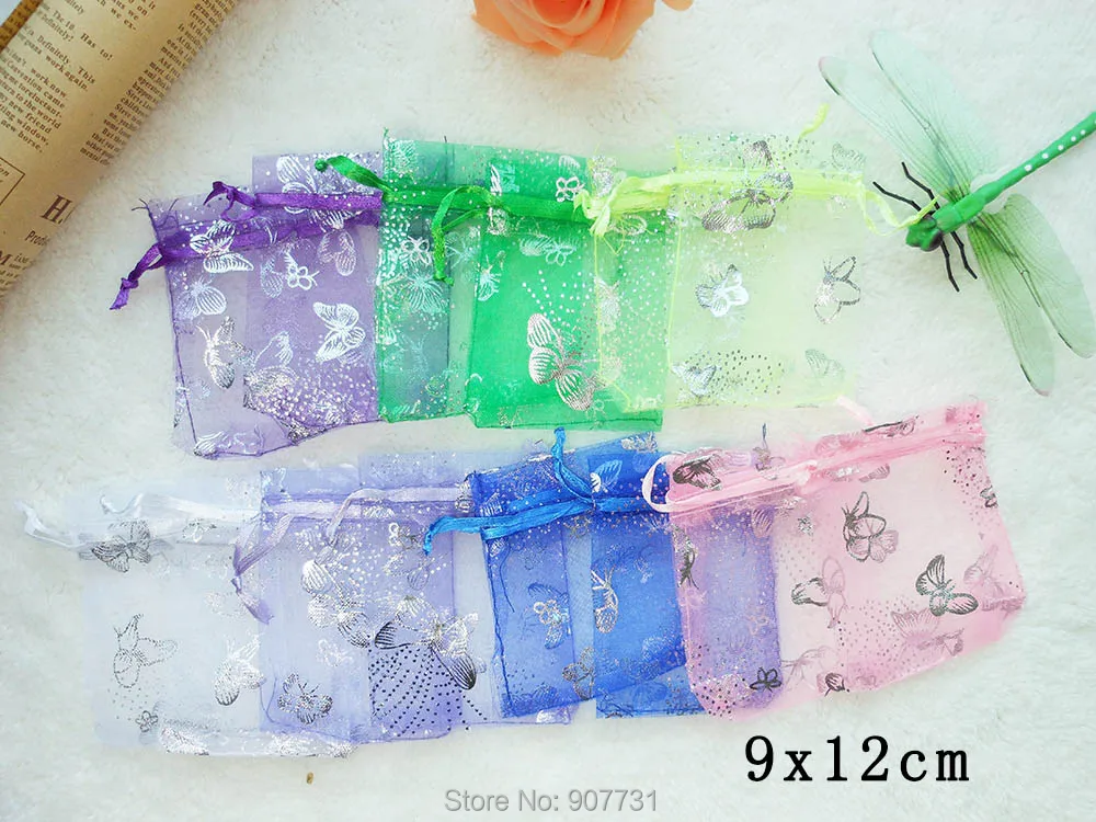 100 Случайное Multi-Цвет мешок Drawstring Бабочки из органзы свадебный подарок мешок и Чехлы, ювелирные изделия упаковка 9x12 см