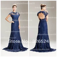 Latest design dress evening blue backless high neck lace evening dress 2014 party prom formal dress BO2530