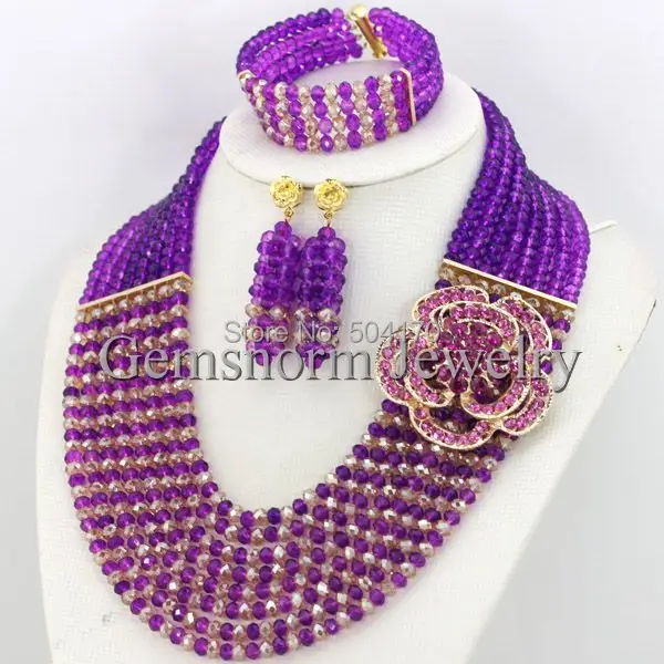 Африканский Кристалл Бусины Jewelry Set оптом модные фиолетовый/золото нигерийской свадьбы Бусины комплект ювелирных изделий Бесплатная