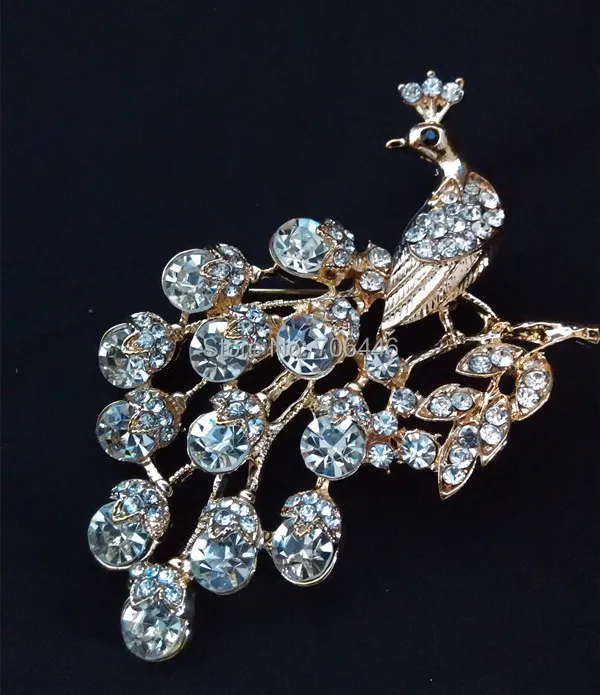 Золотой тон сплава ясно Украшенные стразами Diamante Большой Павлин Вечерние брошь