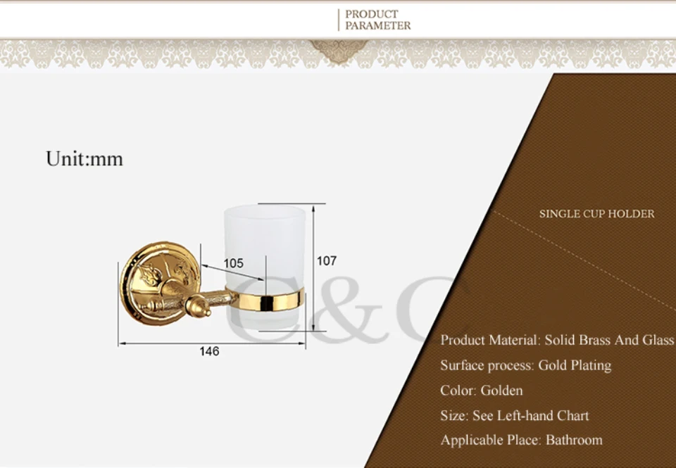 Благородный и элегантный твердой латуни и Стекло золотое покрытие Ванная комната держатель стакана-тамблера 1209