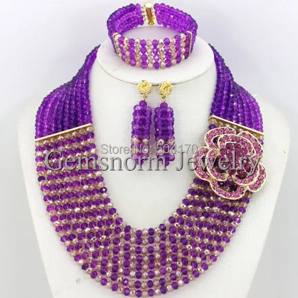 Африканский Кристалл Бусины Jewelry Set оптом модные фиолетовый/золото нигерийской свадьбы Бусины комплект ювелирных изделий Бесплатная