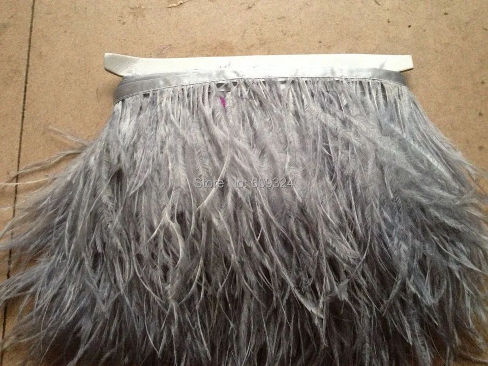 1 слой Щепка серый перо страуса обрезки бахрому на атласной Заголовок 5-6 дюймов в ширину для платье