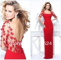 Free Shipping Sexy Mermaid Women\'s Flowers Beading Chiffon Half Sleeves Evening Dresses Red Long Prom Gowns 92188