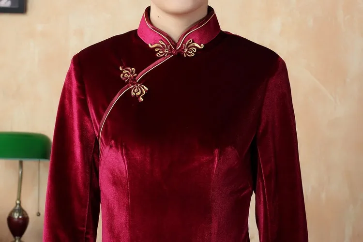 Шанхай история изысканный Китай Стиль Cheongsam платье, Женская мода осень Вышивка зимнее платье бархатное платье Qipao T0001