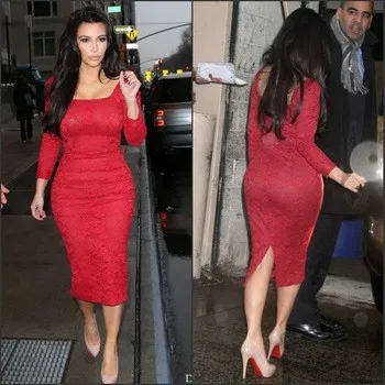 Оболочка Scoop Kim Kardashian Красные Кружевные Вечерние Платья Голеностопного Длина Длинным Рукавом Sexy Backless Платья Знаменитостей