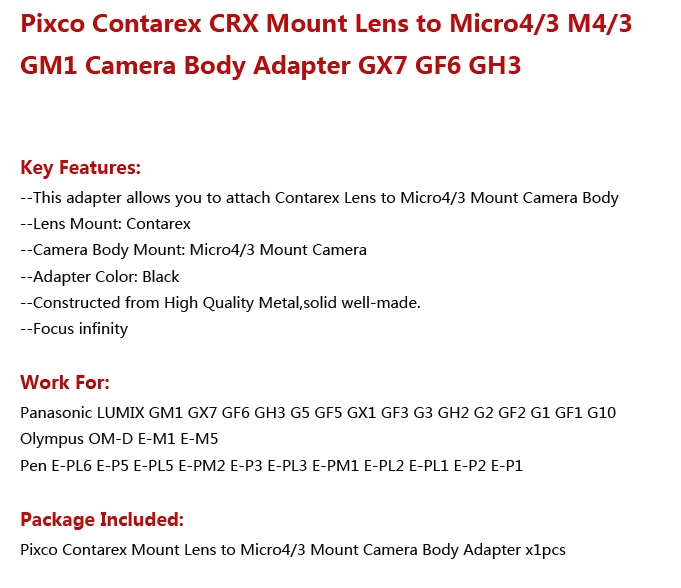 Переходник для объектива Pixco Крепление объектива Contarex CRX к объективу Micro4/3 M4/3 GM1 Камера GX7 GF6 GH3 E-PL6 E-P5 E-PL5 и бесконечной фокусировкой