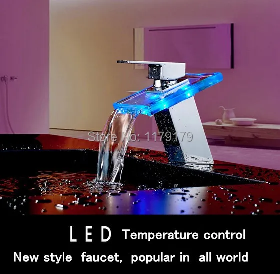 LED бассейна LED 3 вида цветов Водопад кран холодной и горячей кран, медь хром отделки кран