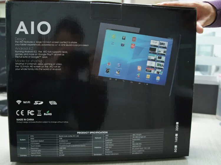 13,3-дюймовый Android 4 ядра все-в-одном ПК (ips 1600*900, RK3188, 1 ГБ Оперативная память 8 ГБ nand, Bluetooth, VESA, настенный кронштейн, RJ45 convertor)