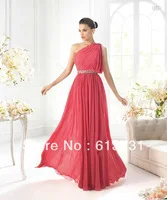 Custom Made Brides maid Dresses One Shoulder Floor-length Pink Beading Waist Chiffon 2013 Designer Party dress B01345