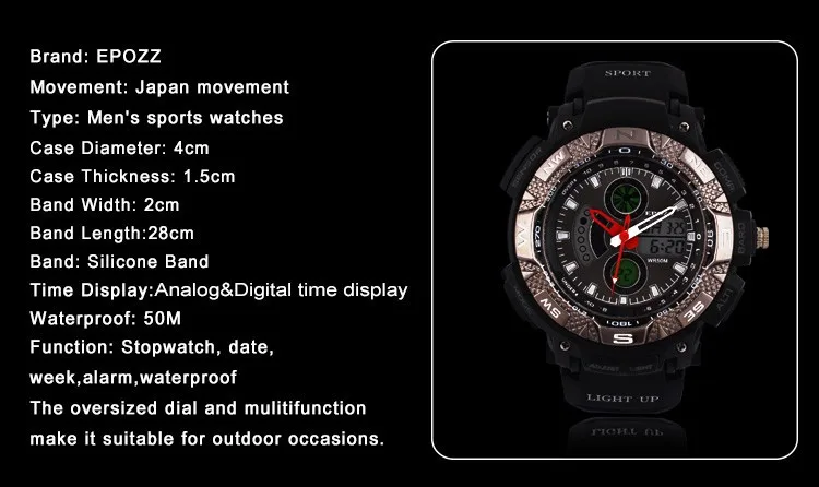 Многофункциональные мужские электронные наручные часы со светящимися ручками бренд Epozz Роскошные montre homme Цифровые мужские спортивные часы подарок водонепроницаемые