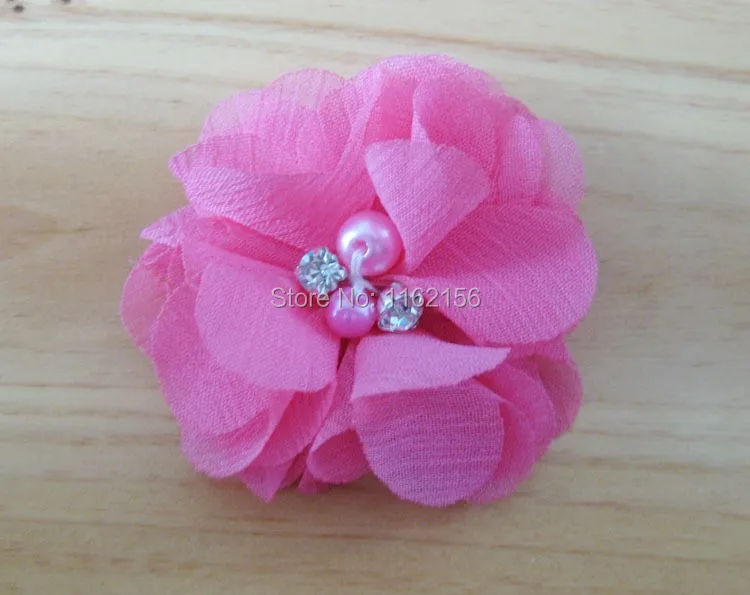 " шифон цветы волосы два Перл два горный хрусталь с шифоновыми цветами, для маленьких девочек аксессуары для волос 100 шт./лот