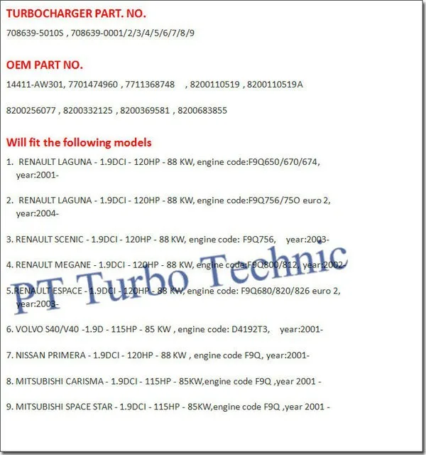 Турбокомпрессор/турболдер/полный turbo GT1749V 708639-5010 S 708639 8200369581 8200332125 для Renault Megane II 1,9 dCi
