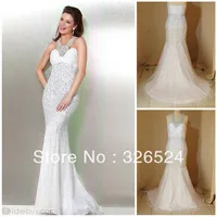 Free Shipping New White Pageant Evening Gowns Mermaid Halter Court Train Beaded Crystal Formal Evening Dresses J114516