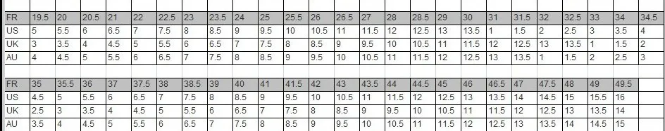 Size chart for dance shoes