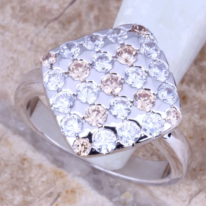 Majestic Шампанское Morganite белый серебряные Штампованные 925 Для женщин кольцо Размеры 6/7/8/9 r0967