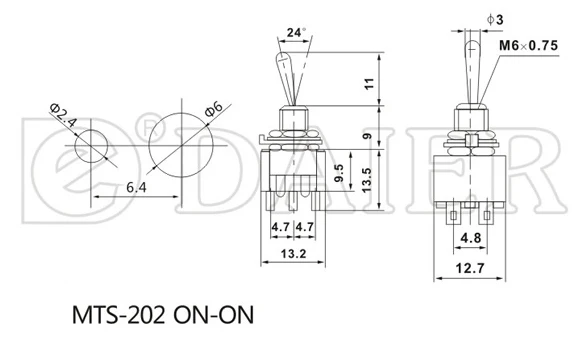 100 шт. MTS-202 тумблер 6 мм 3A 250VAC 6A 125VAC 6PIN на защелке 2P2T DPDT мини 6-контактный двойной полюс с наконечник с припоем