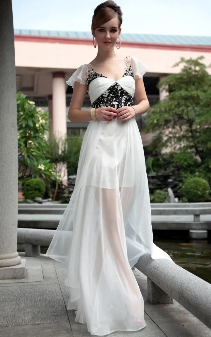 Белый шифон кружева cap рукавом vestidos formales сексуальные платья макси длинные платья партии Выпускные Платья
