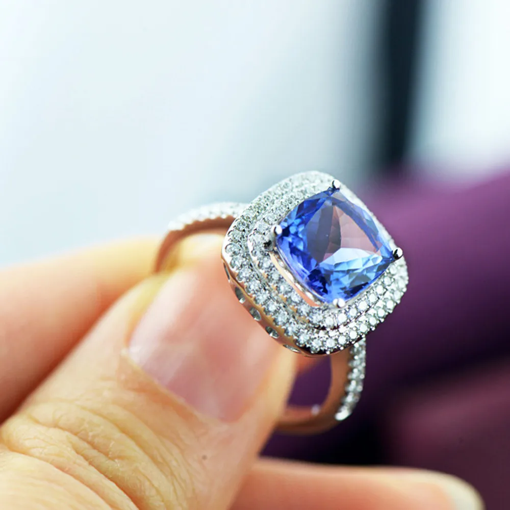 2.3-2.5ct синий драгоценный камень кольца 0.4ct природных алмазов 18 К золото Для женщин Танзанит синий кольцо Ювелирные украшения Роскошные Быстрая Diana