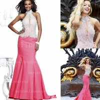 Top fashion 2014 satin high neck crystal beaded backless mermaid evening dresses TE92251