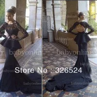 Wholesale 2013- Scoop Neck Open Bakc Fahsion long Mermaid Evening dress with Long lace Sleeves Ali134