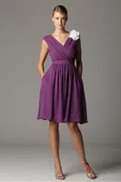 2013 New Hot Sale Cheap Sexy V Neck Ruched Chiffon Purple Knee Length Cap Sleeve Bridesmaid Dresses Short BD8014