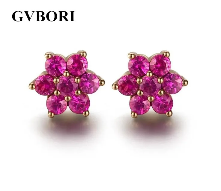 GVBORI рубиновый драгоценный камень 18 K розовое золото серьги-клипсы цветок Форма для женщин изысканное украшение на свадьбу/помолвка/женский подарок на день