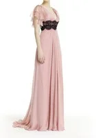 Free Shipping Sexy V Neck Appliques Long Chiffon Pink Bridesmaid Dresses With Short Sleeves B01356