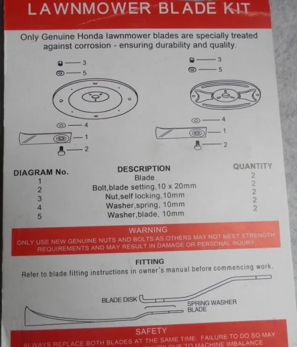 BLADE & BOLT SET 145mm x 45mm x 2mm HONDA 214 215 MOWER 2