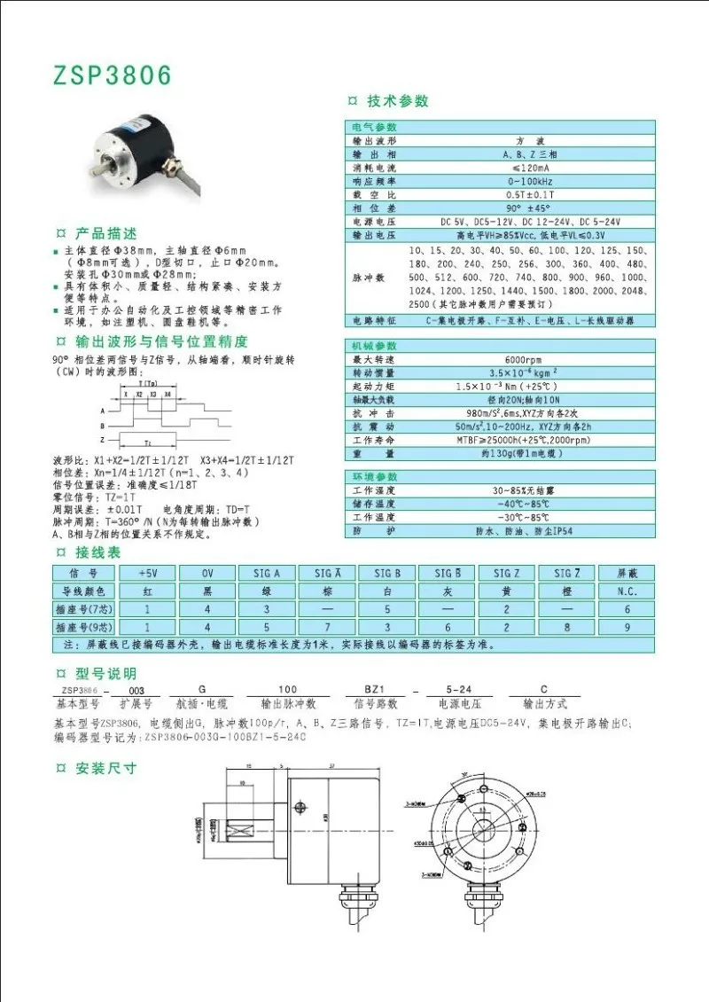 ZSP3806-003G-1000BZ1-5L оптический цифровой кодер Поворотный энкодер, ABZ сигнала, 5 V Выход дифференциального